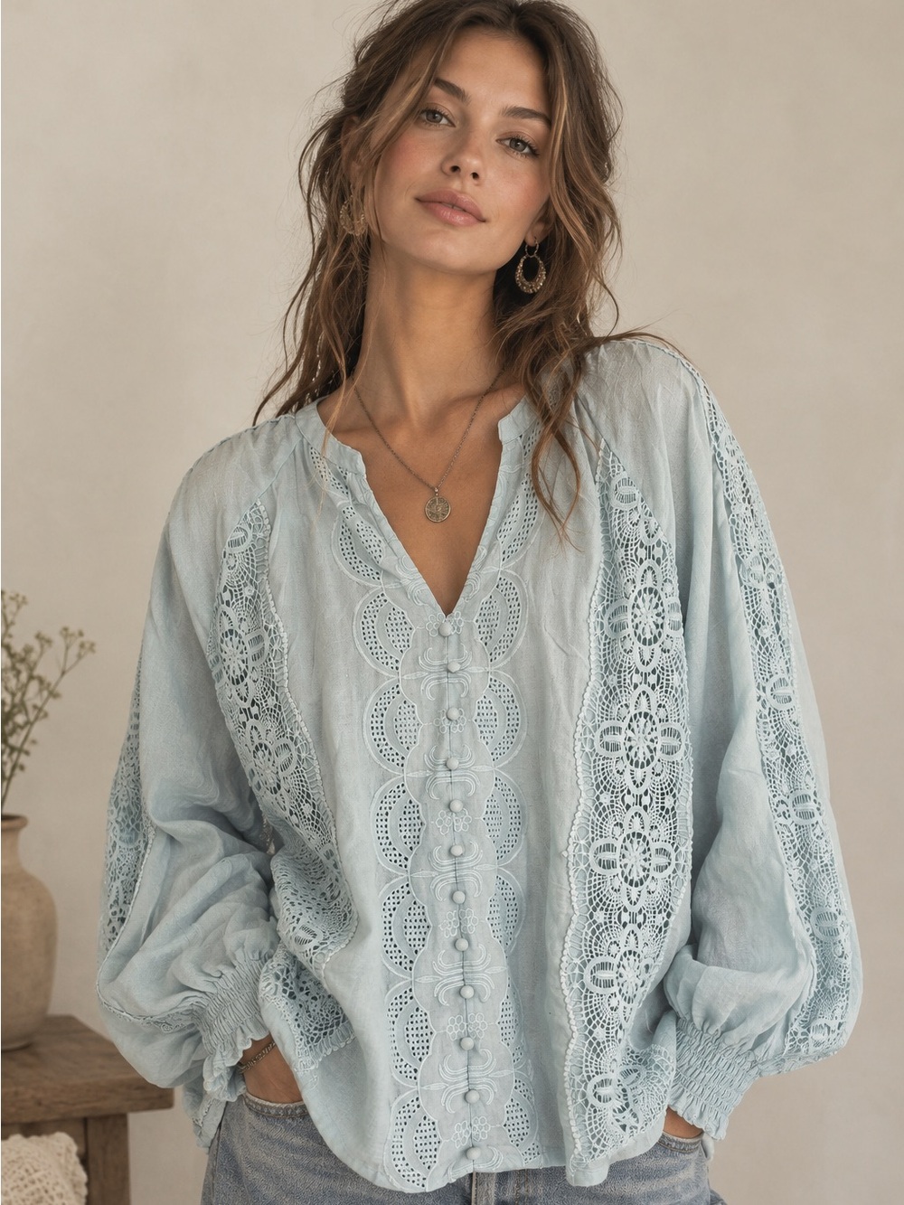 Jennifer & Grace Blue Lace Cotton Long Sleeve Blouse 1X Crochet Boho Cottagecore